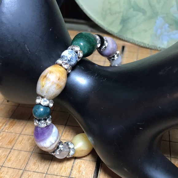 Semiprecious Crystal Mixed Stone Bracelet 7”L Elastic Rhinestone Ring Bead Acct. - Picture 4 of 10